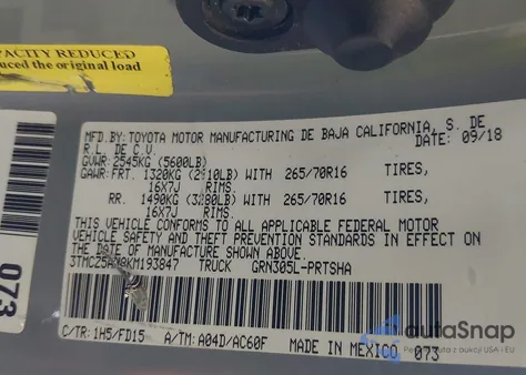 2019 Toyota Tacoma Trd Off Road from USA, damaged, VIN 3TMCZ5AN8KM193847